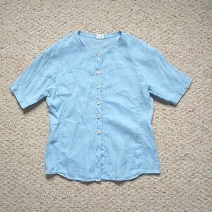 Bogner Blouse Shirt Top Womens 40/M Blue 100%Linen V Neck Short Sleeve